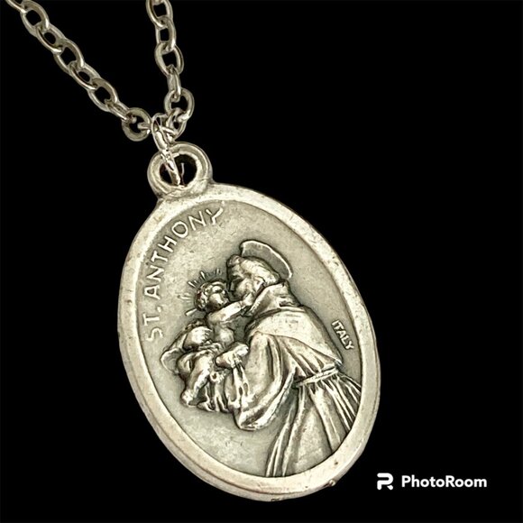Vintage Saint Anthony Francis Medal Pendant Necklace Italy 18" Stainless Chain - Picture 3 of 15